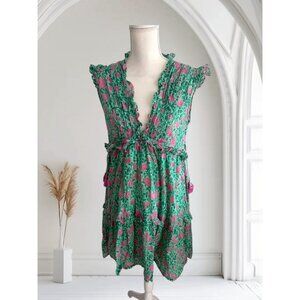 BANJANAN Green Floral V Neck Dress Size Medium